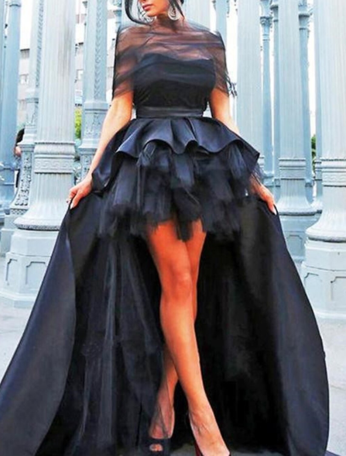 A-Line Evening Gown Black Dress Vintage Halloween Wedding Party Asymmetrical Short Sleeve Illusion Neck Wednesday Addams Family Satin with Pleats Tiered